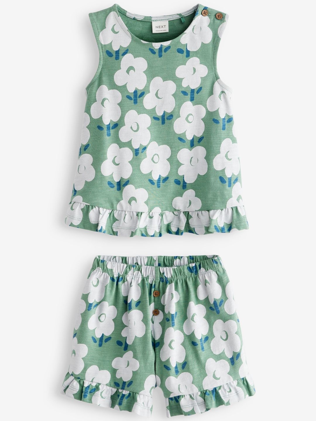 

NEXT Girls Floral Print Pure Cotton Top with Shorts, Green