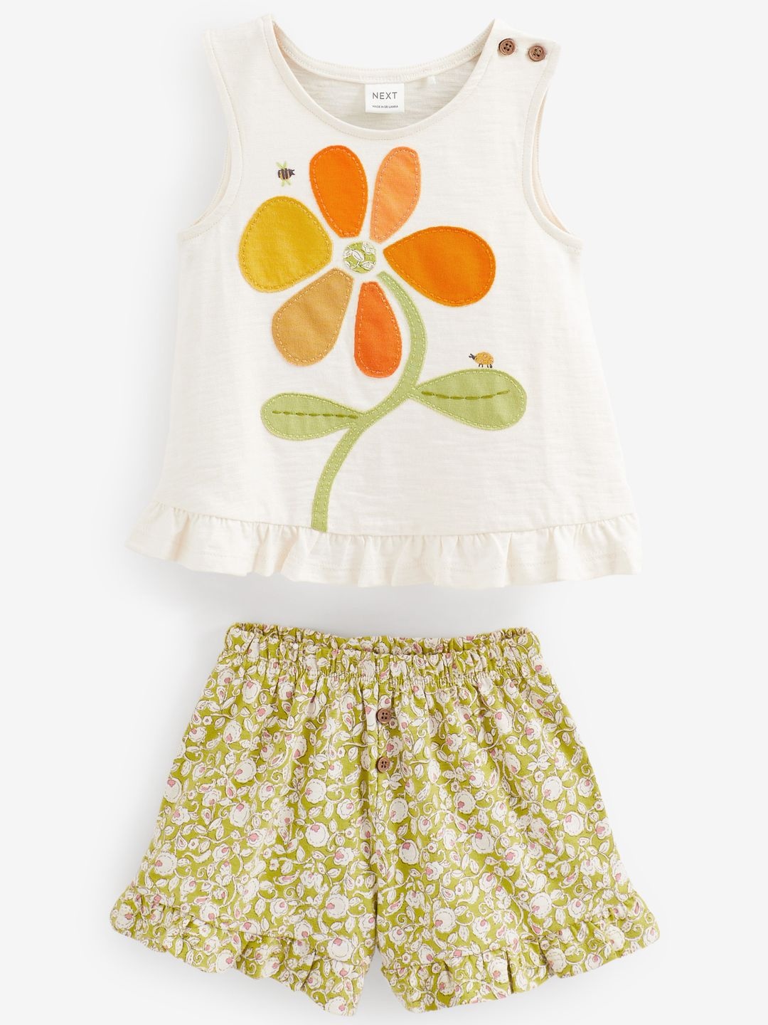 

NEXT Girls Floral Embroidered Pure Cotton Top with Shorts, Lime green