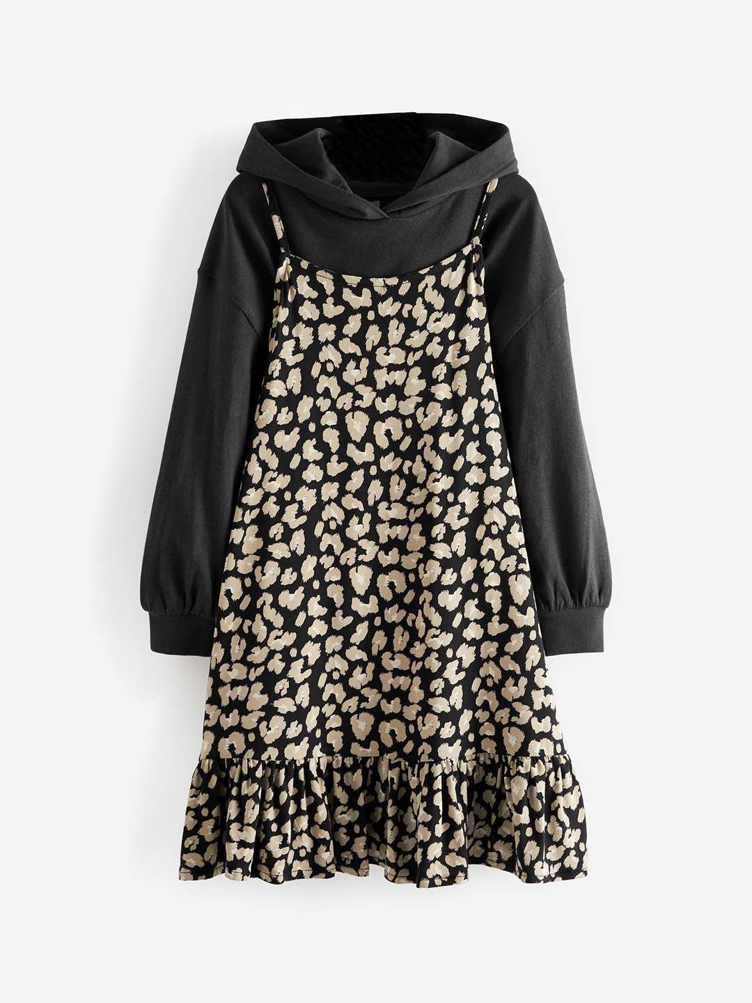

NEXT Girls Animal Print A-Line Dress with Hooded Sweatshirt, Black