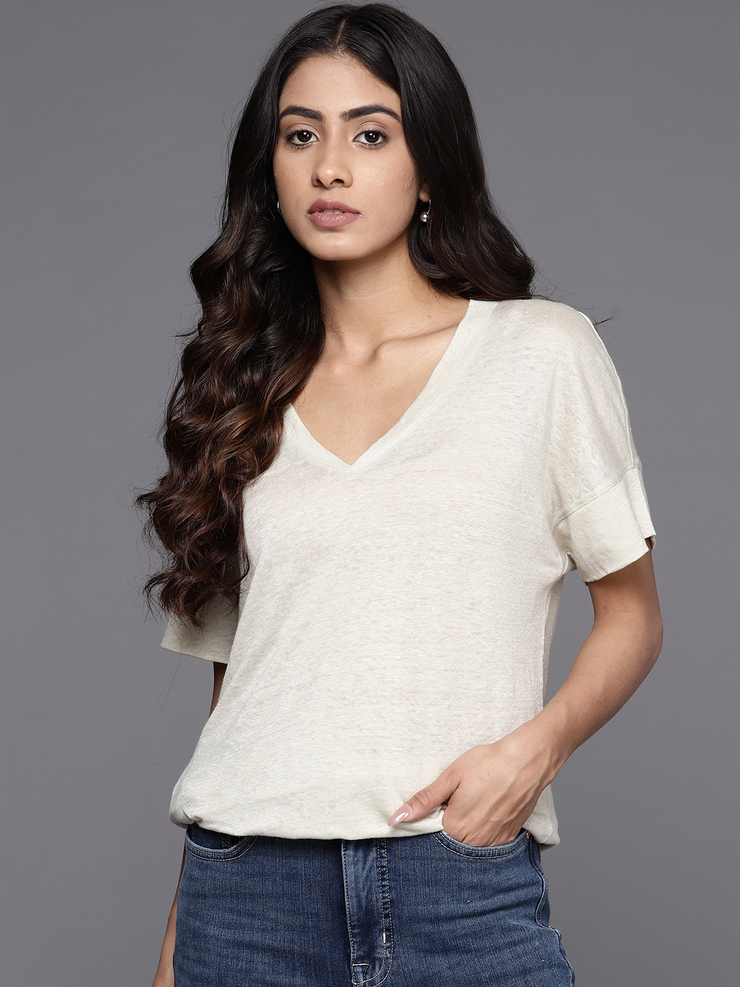 

NEXT V-Neck Drop-Shoulder Sleeves Linen T-shirt, Beige