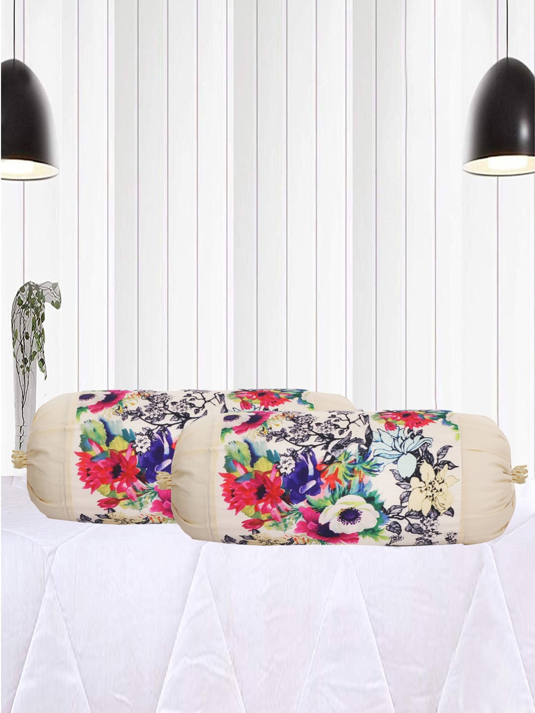 

Kuber Industries Cream & Pink 2 Pcs Floral Printed Bolster Covers