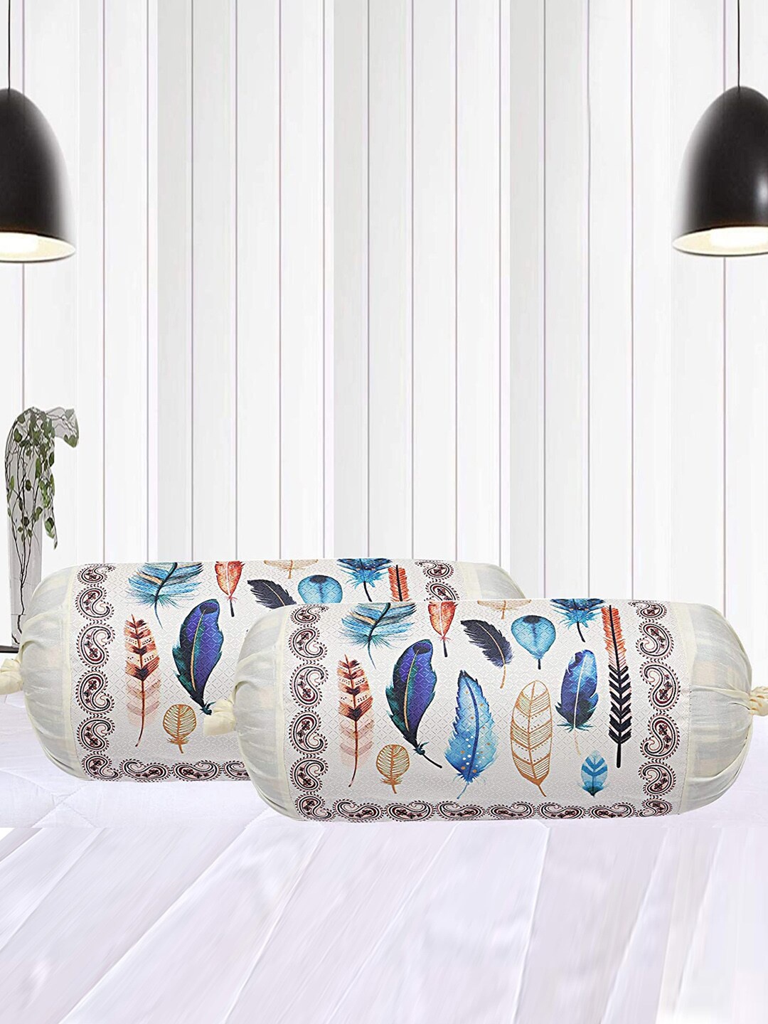 

Kuber Industries Cream & Blue 2 Pcs Feather Printed Bolster Covers