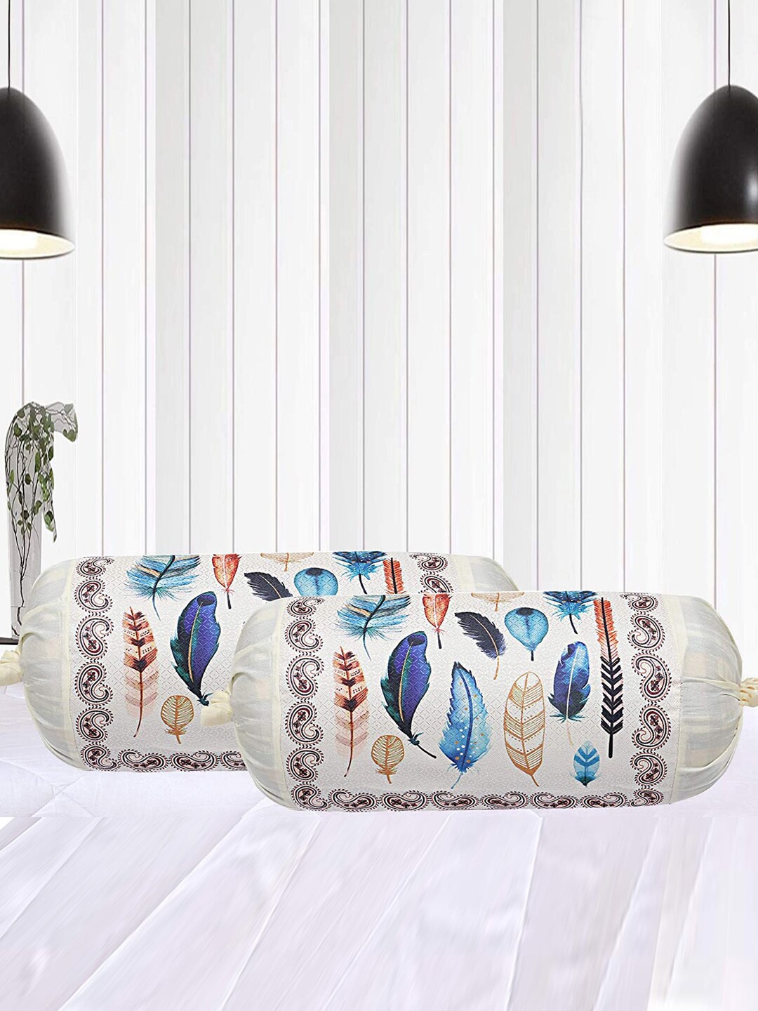 

Kuber Industries Cream & Blue 4 Pcs Feather Printed Bolster Covers