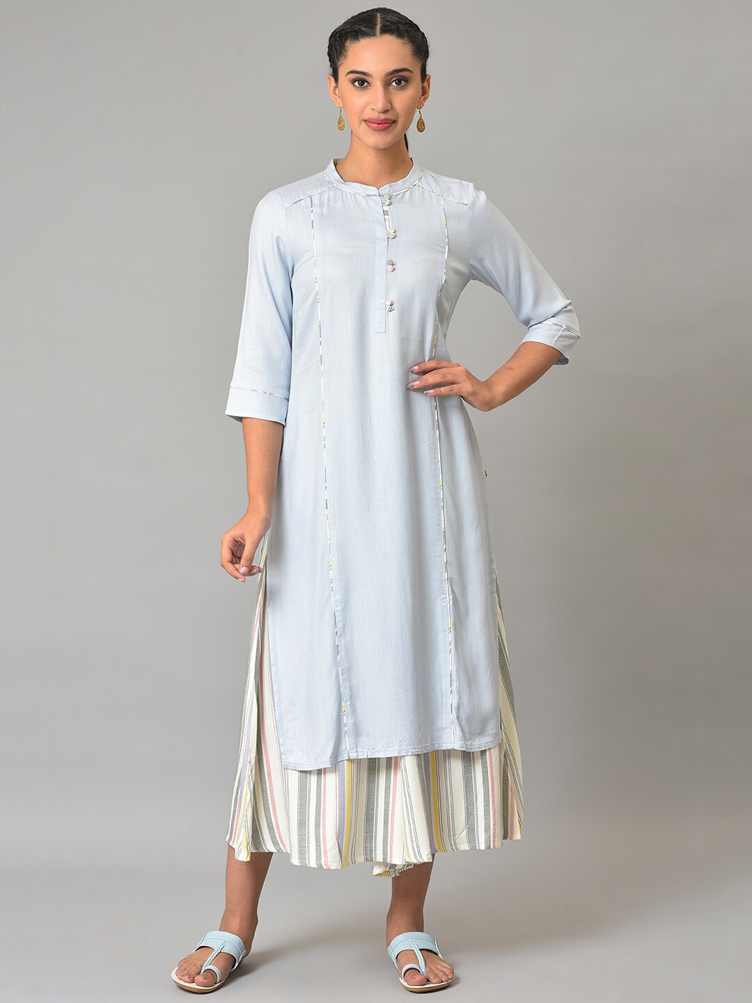 

AURELIA Plus Size Panelled A-Line Kurta with Palazzos, Blue