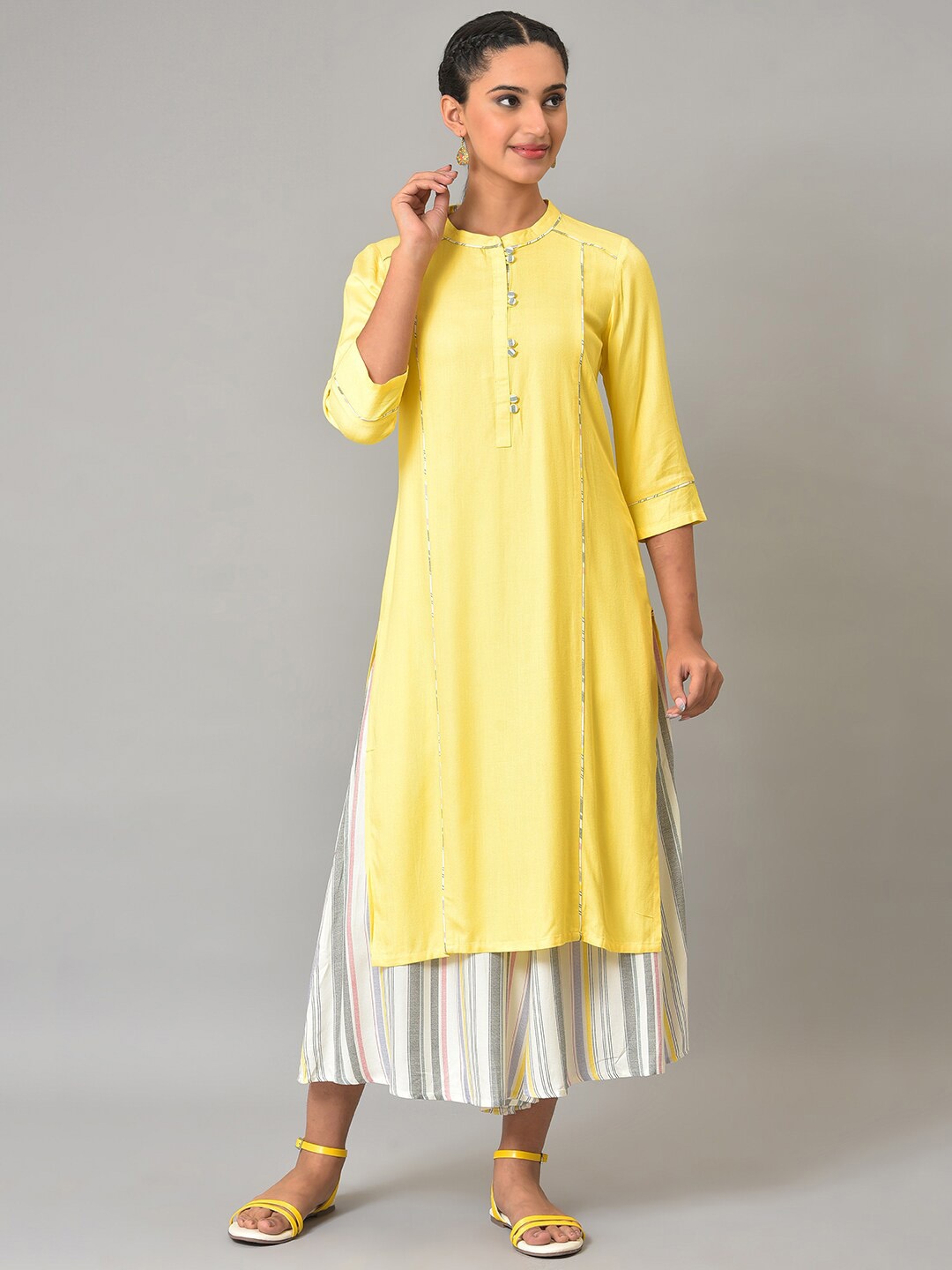 

AURELIA Panelled A-Line Kurta with Palazzos, Yellow