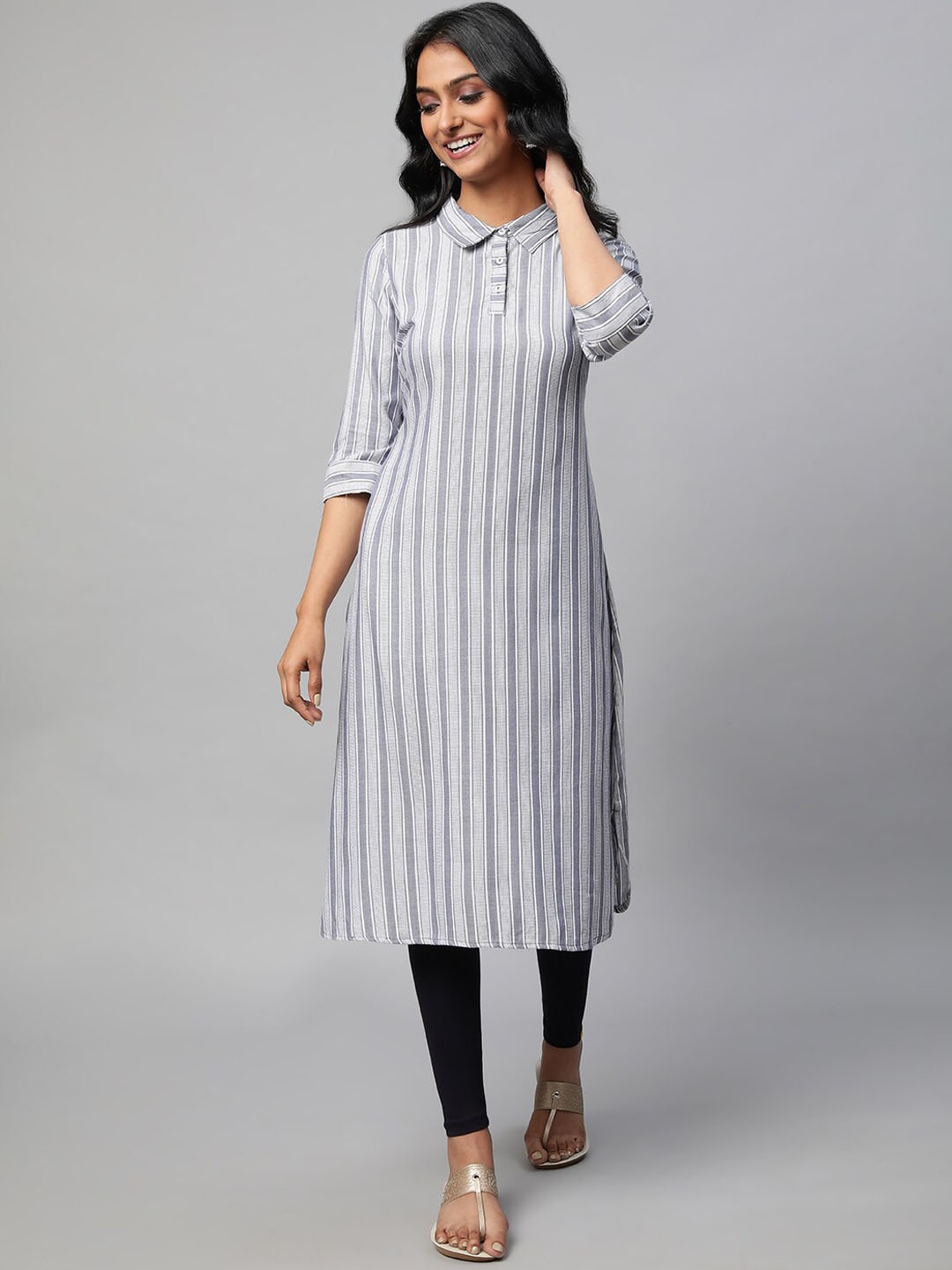 

AURELIA Shirt Collar Woven Design Kurta With Leggings, Blue