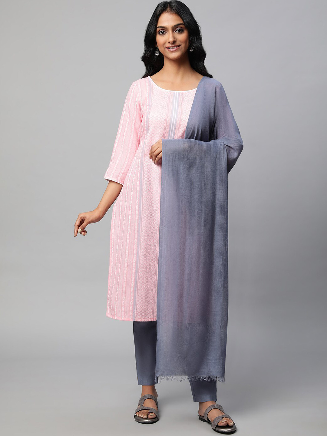 

AURELIA Ethnic Motifs Woven Design Pure Cotton Kurta with Trousers & Dupatta, Pink