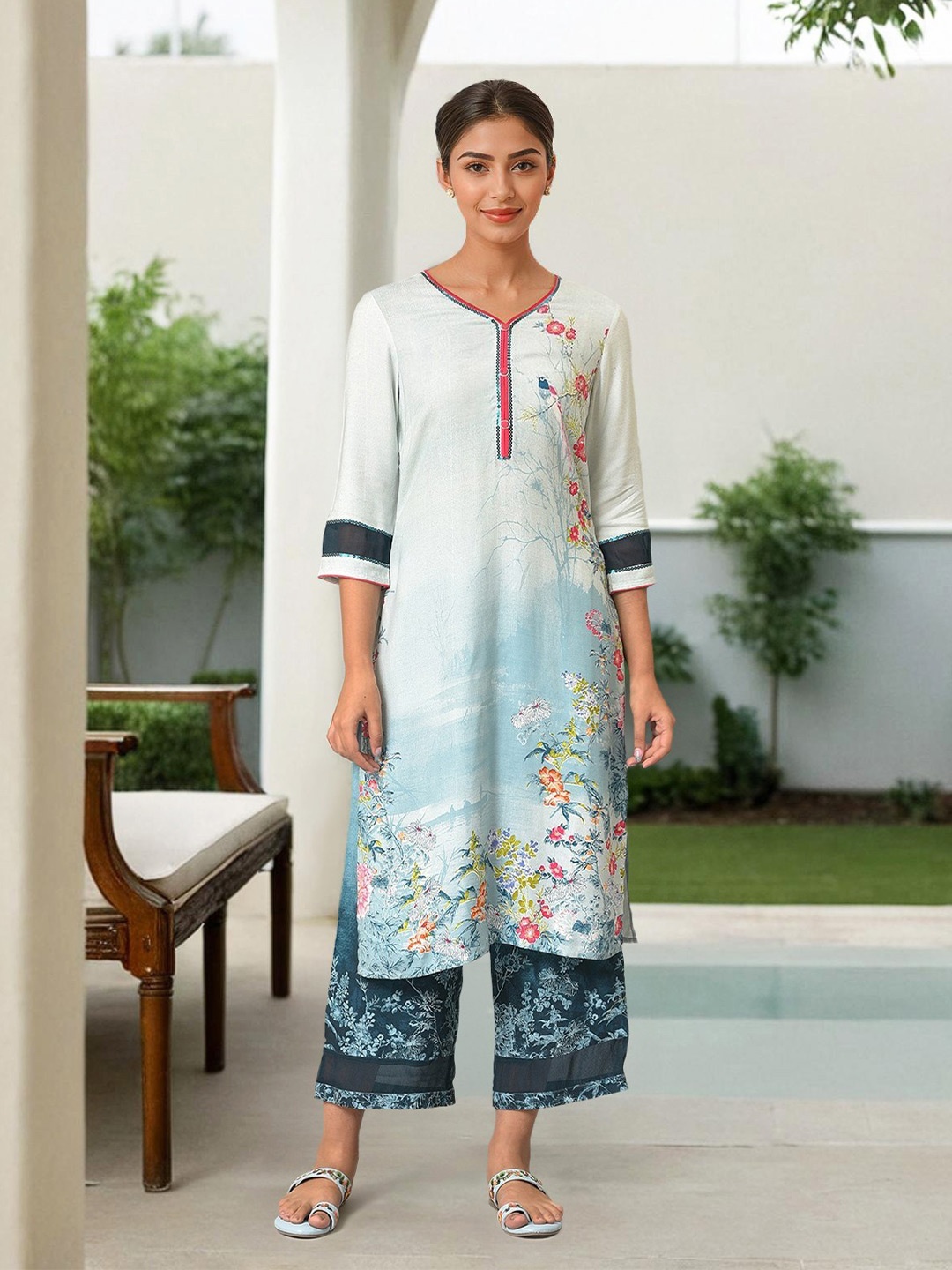 

Aurelia Women Blue Floral Print Viscose Kurta Set with Trousers & Dupatta