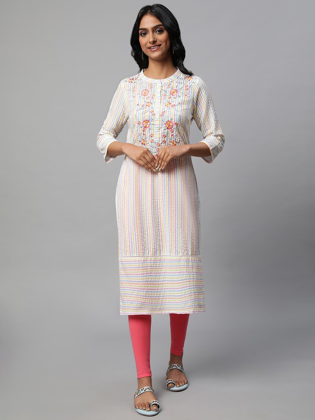 

AURELIA Striped Thread Work Pure Cotton Kurta With Leggings, White