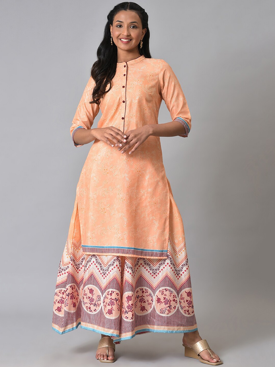 

AURELIA Floral Printed Band Collar A-Line Kurta with Palazzos, Peach