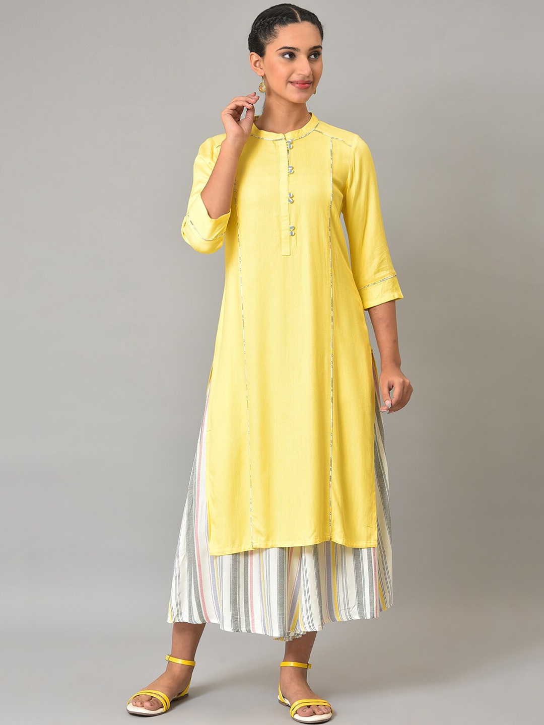 

AURELIA Band Collar Straight Kurta with Palazzos, Yellow