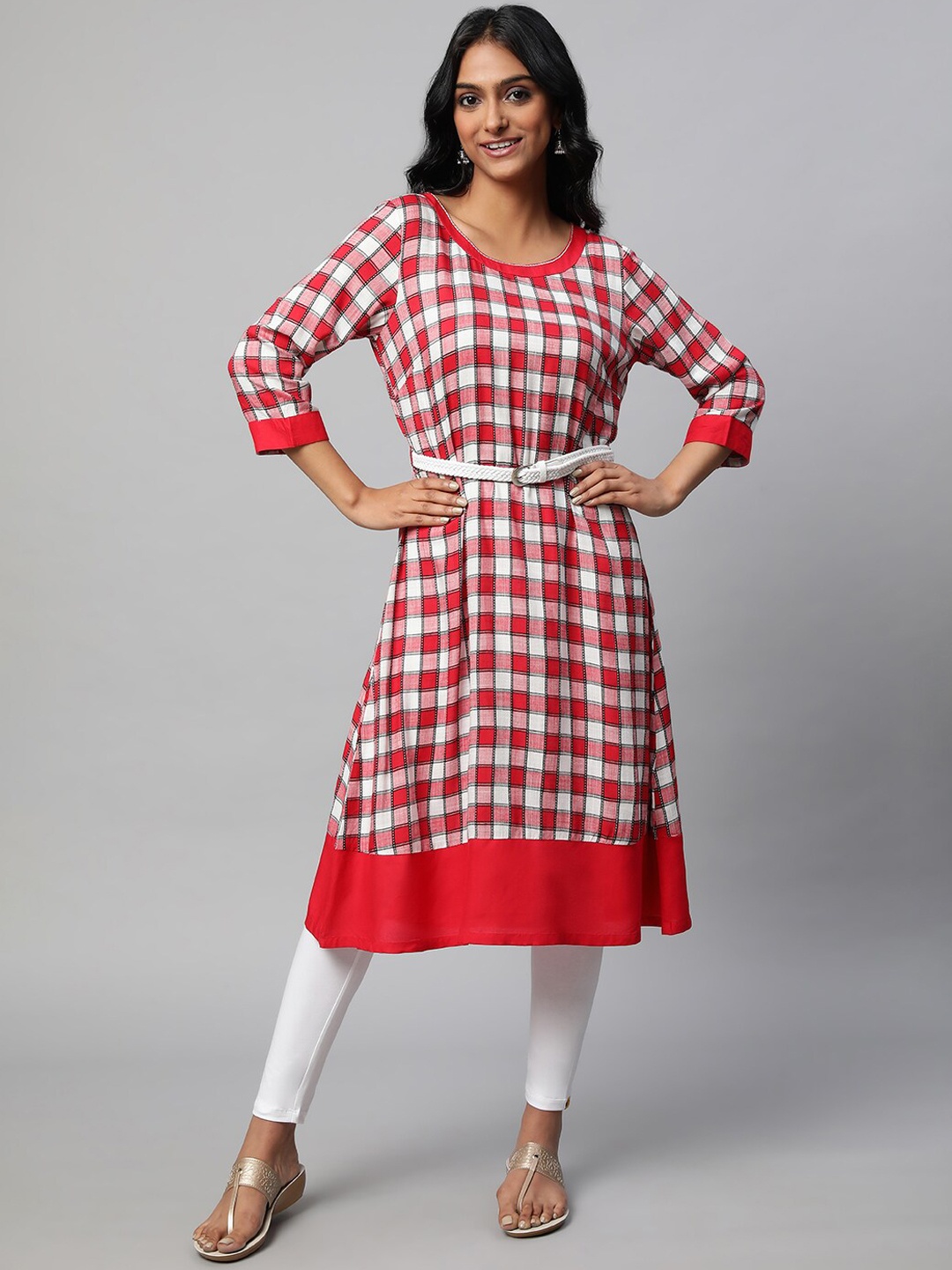 

AURELIA Checked A-Line Kurta With Leggings, Red