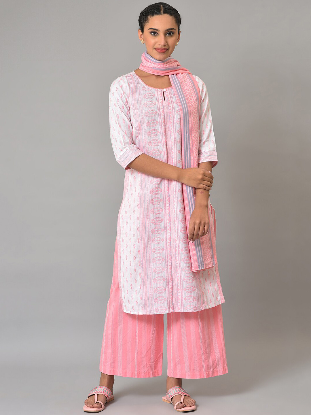 

AURELIA Women Pink Embroidered Regular Thread Work Pure Cotton Kurta with Palazzos & With Dupatta, White