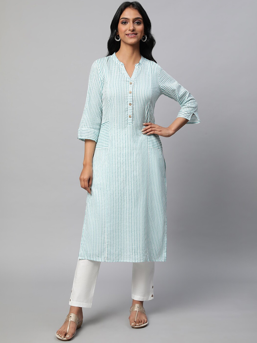 

AURELIA Striped Pure Cotton Kurta with Trousers, Green