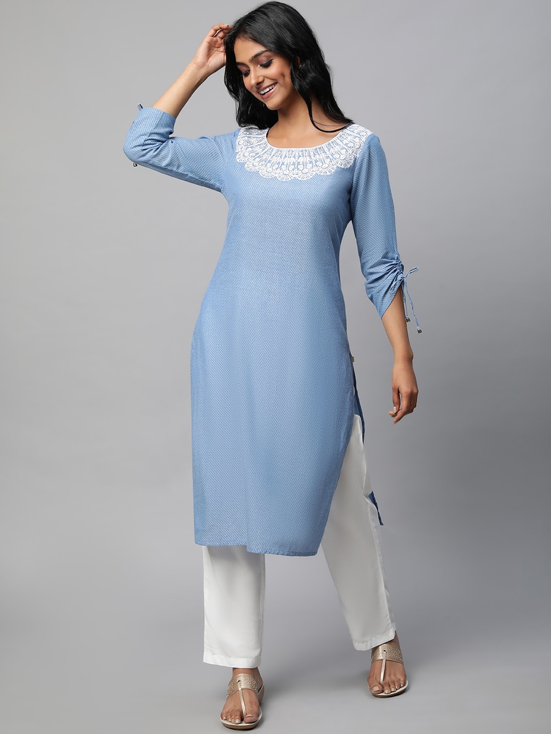 

AURELIA Thread Work Pure Cotton Kurta with Trousers, Blue