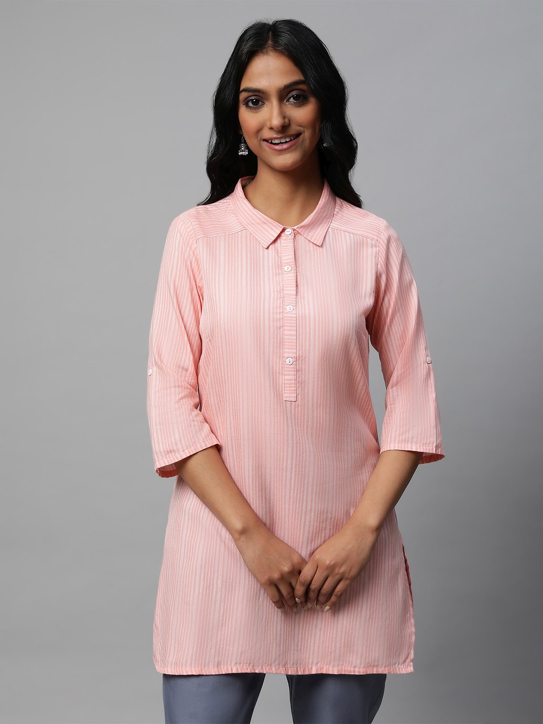

AURELIA Striped Shirt Collar Kurti with Trousers, Pink