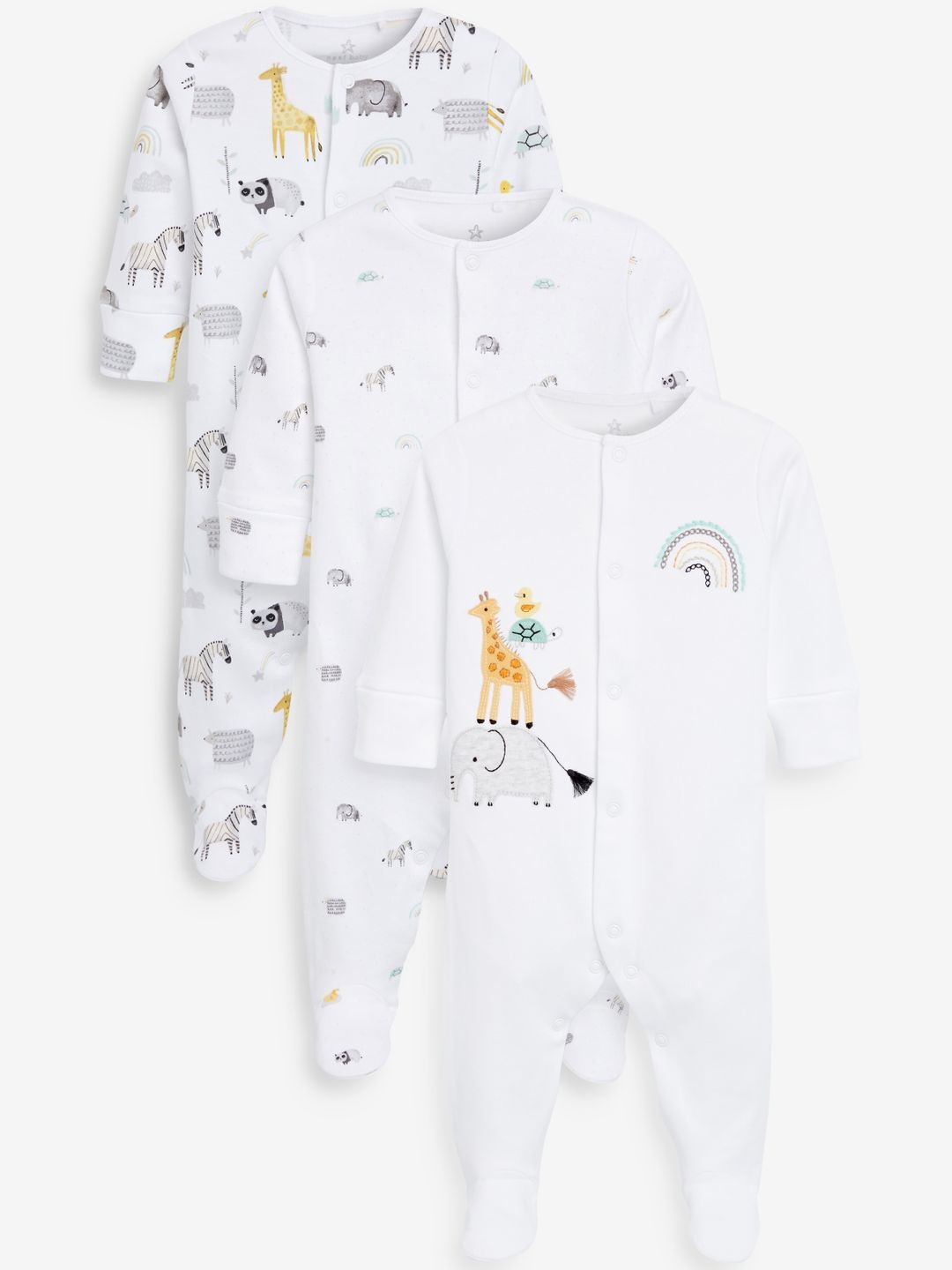 NEXT Kids Printed Pure Cotton Pack of 3 Sleepsuits, White