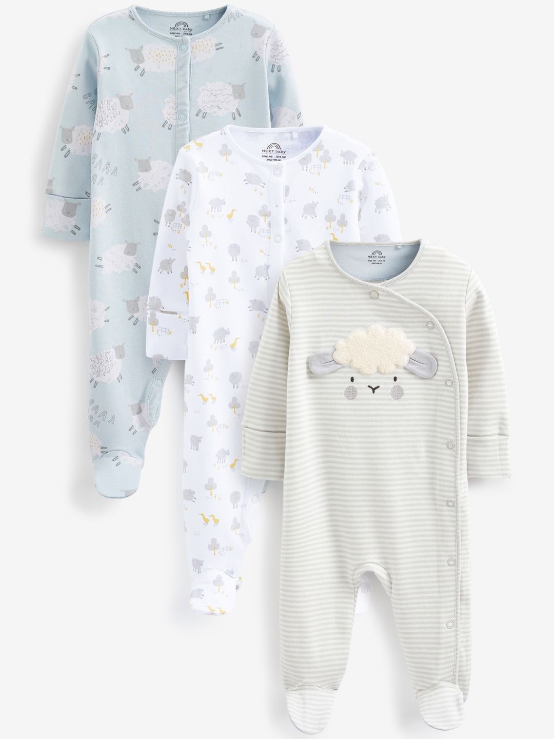 

NEXT Kids Pure Cotton Pack of 3 Sleepsuits, Grey