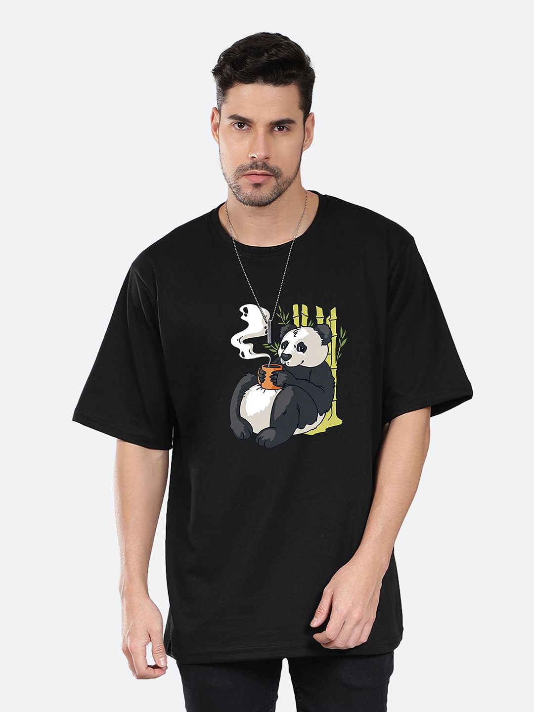 

Mad Over Print Panda Print Streetwear Cotton Oversized T-shirt, Black