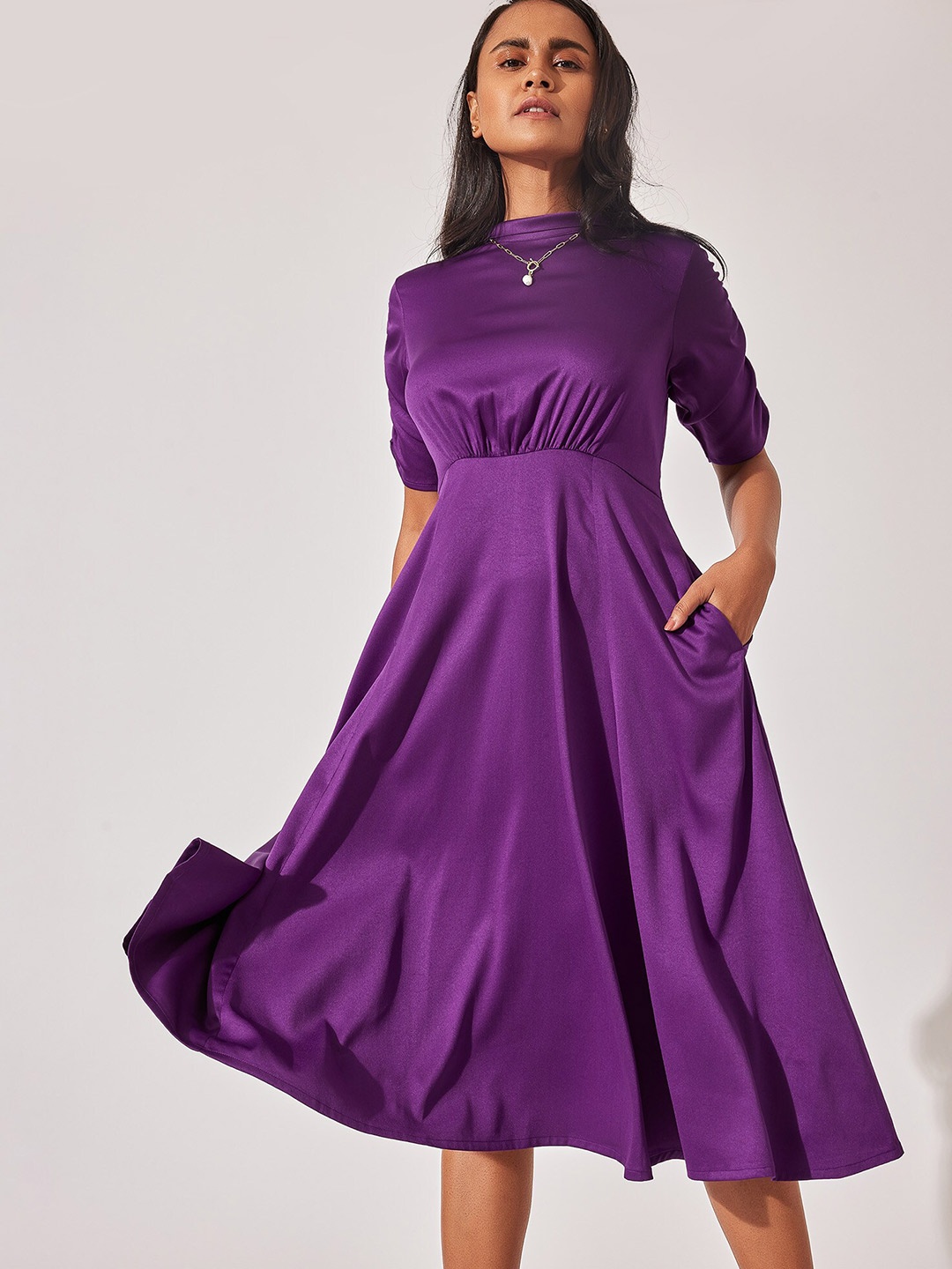 

The Label Life Round Neck Ruched Sleeves Satin Fit & Flare Midi Dress, Purple