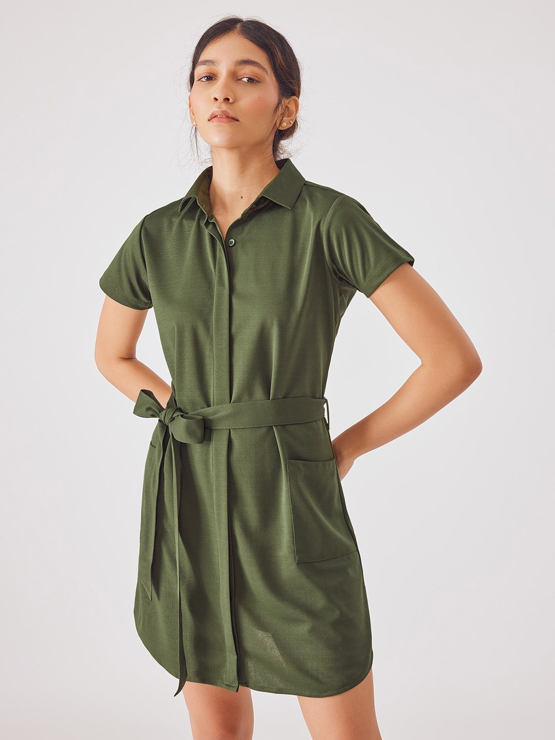 

The Label Life Shirt Collar Pocket Details Mini Shirt Dress With Belt, Olive