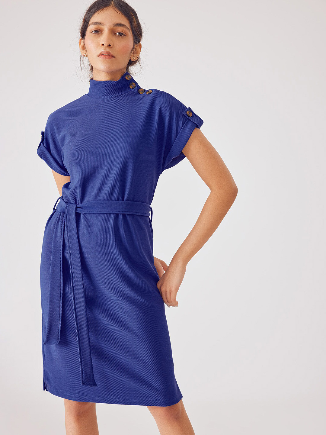 

The Label Life High Neck Buttoned Details Sheath Dress With Belt, Blue