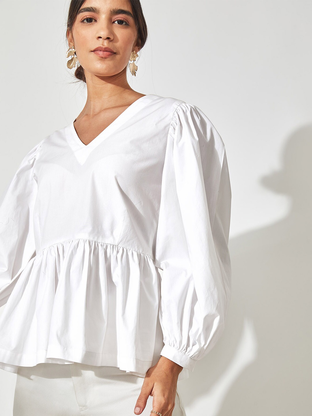 

The Label Life Puff Sleeves V-Neck Cotton Peplum Top, White