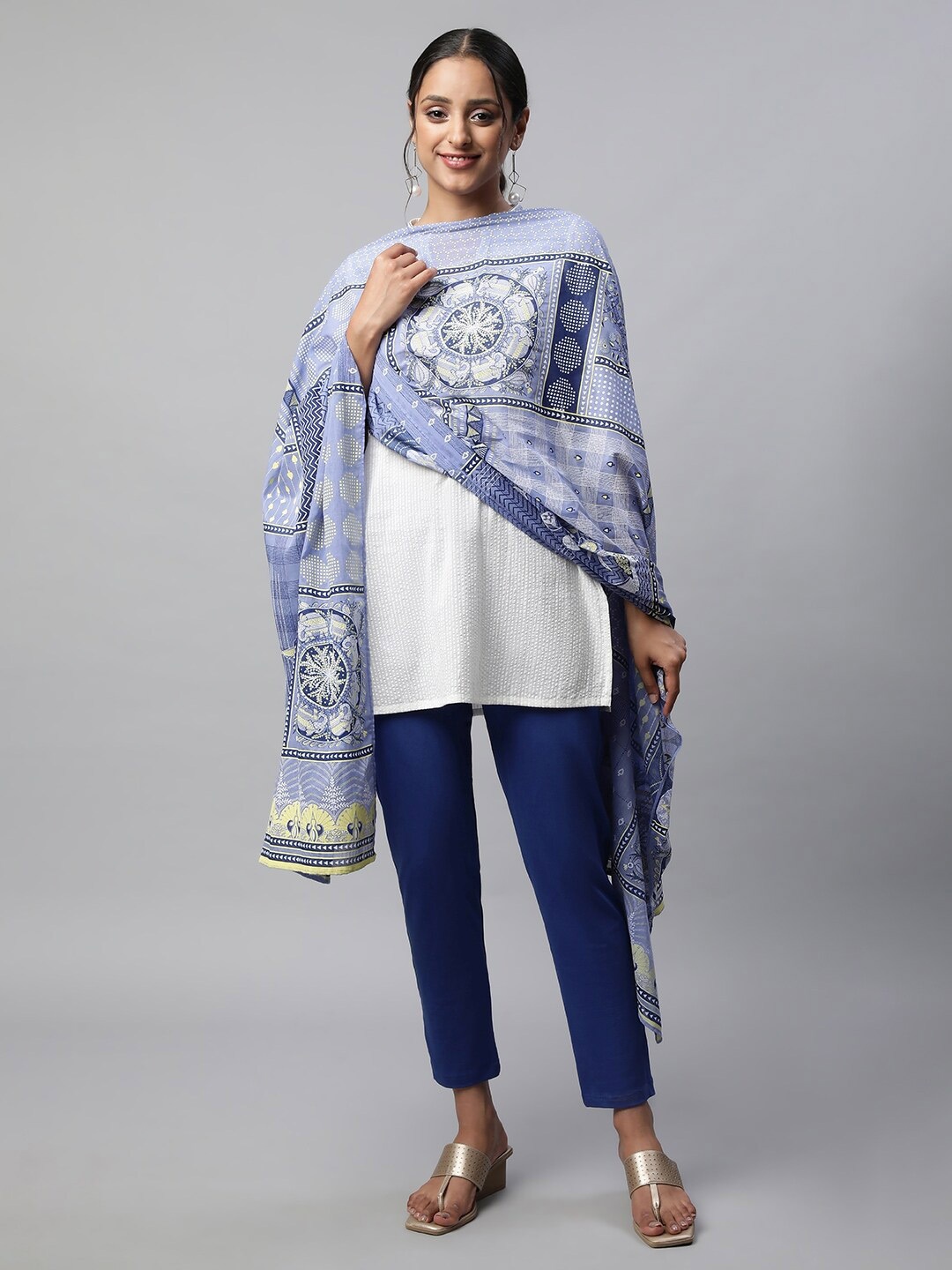 

AURELIA Ethnic Motifs Printed Pure Cotton Dupatta, Blue