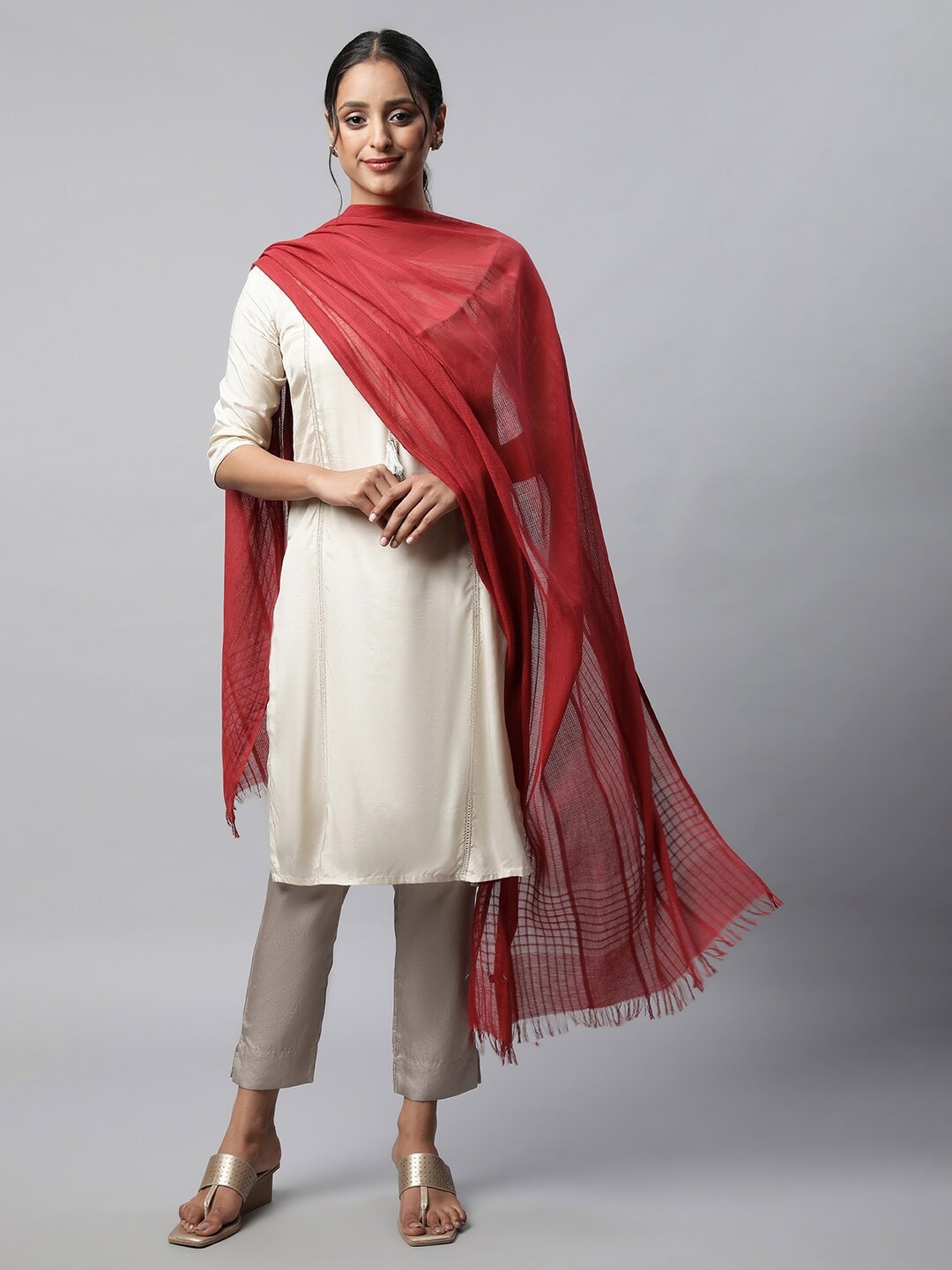 

AURELIA Striped Pure Cotton Dupatta, Maroon