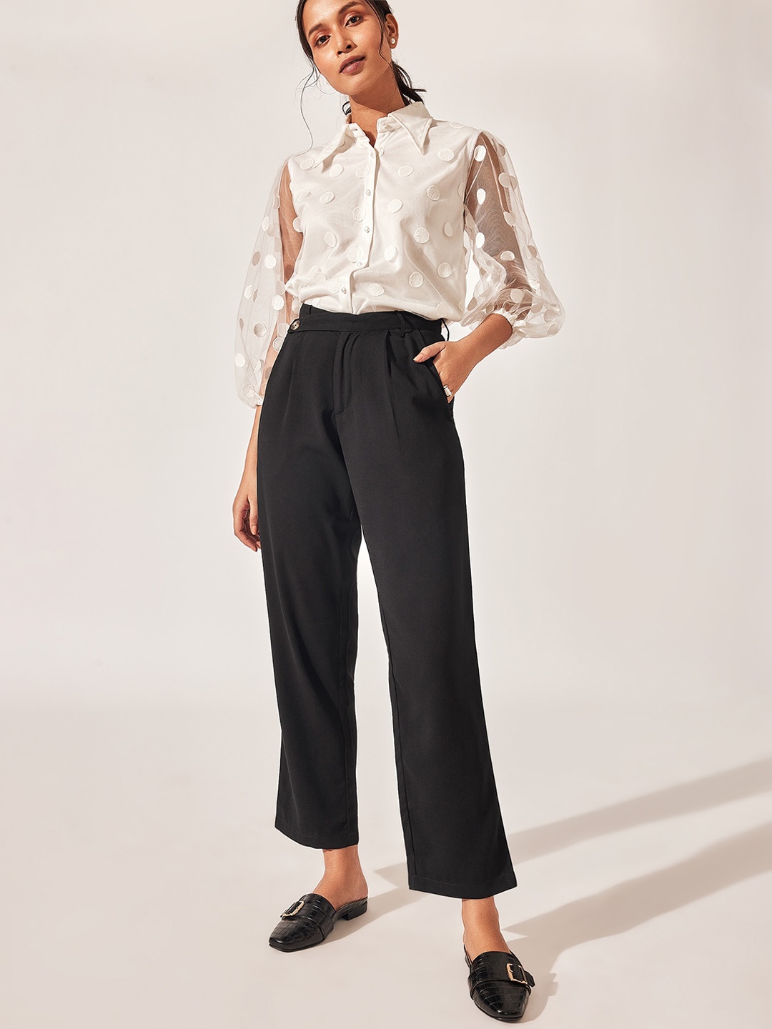 

The Label Life Women Tapered Fit High-Rise Pleated Cotton Parallel Trousers, Black