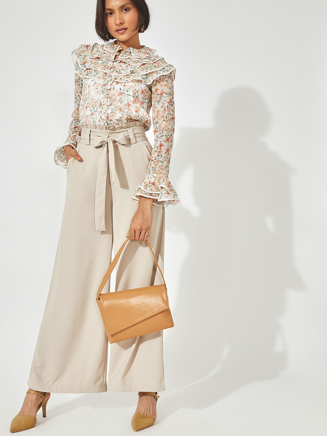 

The Label Life Women Flared High-Rise Parallel Trousers, Beige