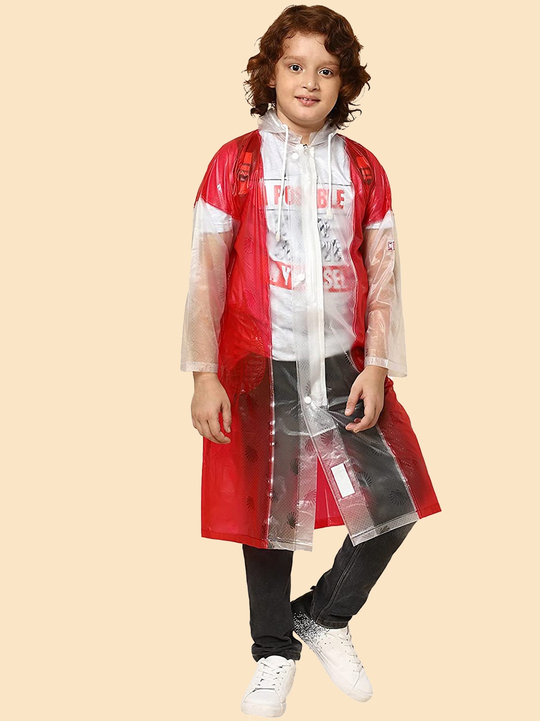 

THE CLOWNFISH Kids Waterproof Reversible Hooded Long Rain Jacket, Red