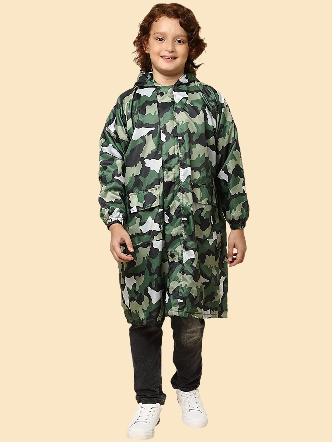 

THE CLOWNFISH Kids Cannon Camouflage Printed Waterproof Reversible Hooded Long Rain Jacket, Green