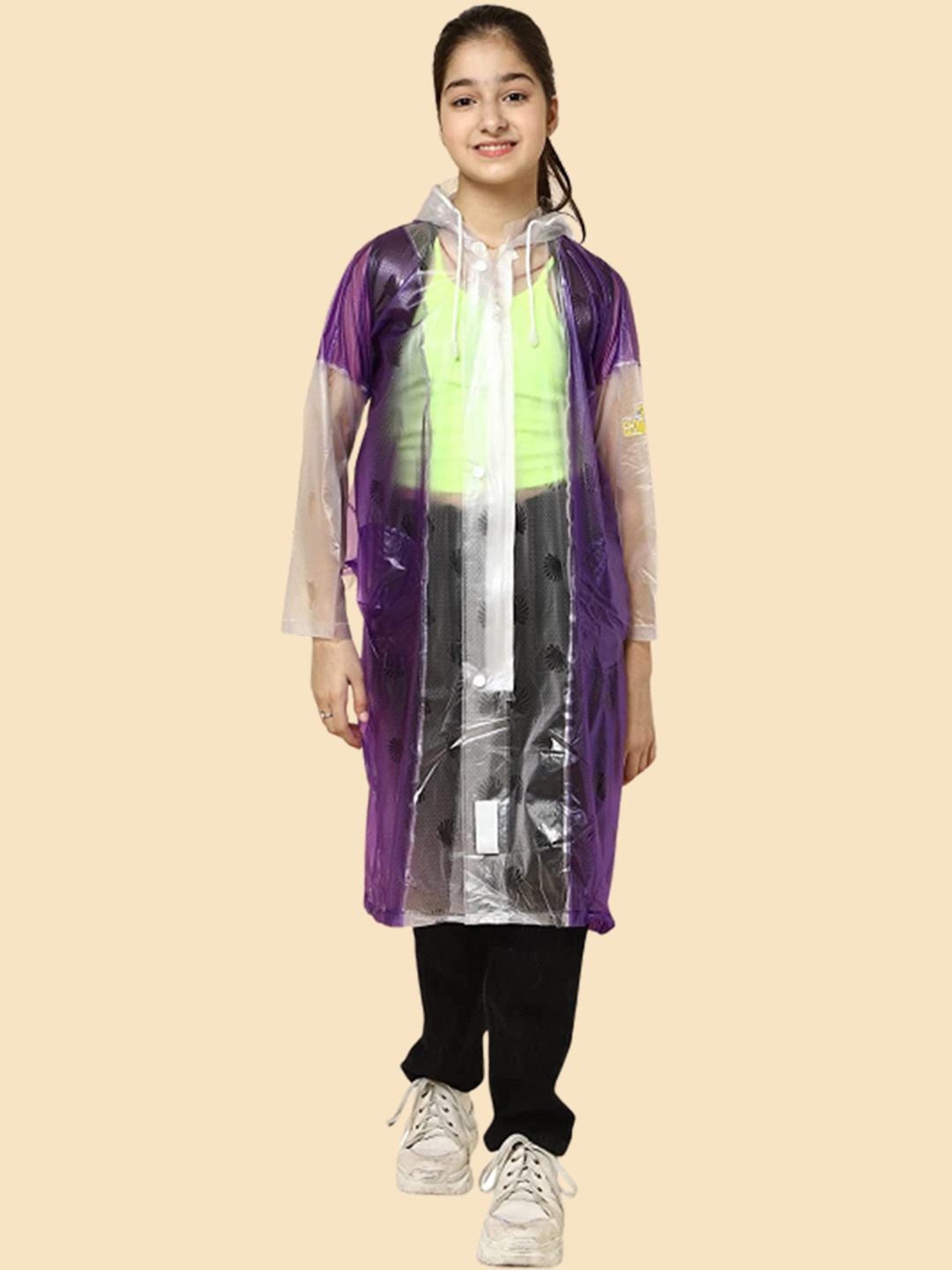 

THE CLOWNFISH Laurel Kids Printed Lightweight Hooded Waterproof Long Raincoat, Purple