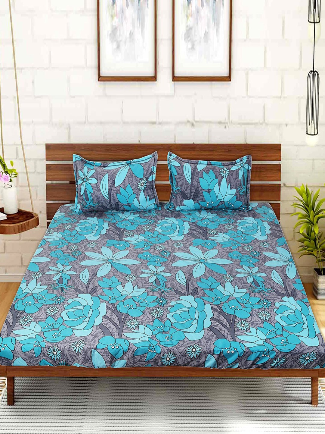 

Kuber Industries Turquoise Blue & Charcoal Floral 144 TC King Bedsheet with 2 Pillow Covers