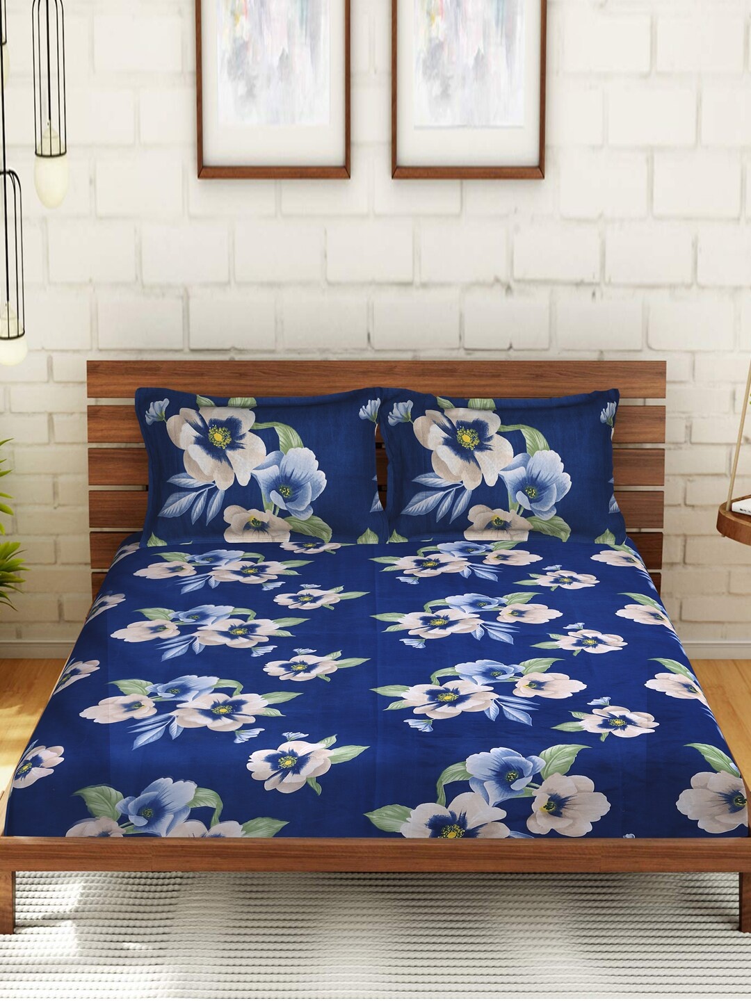 

Kuber Industries Blue & White Floral 144 TC King Bedsheet with 2 Pillow Covers