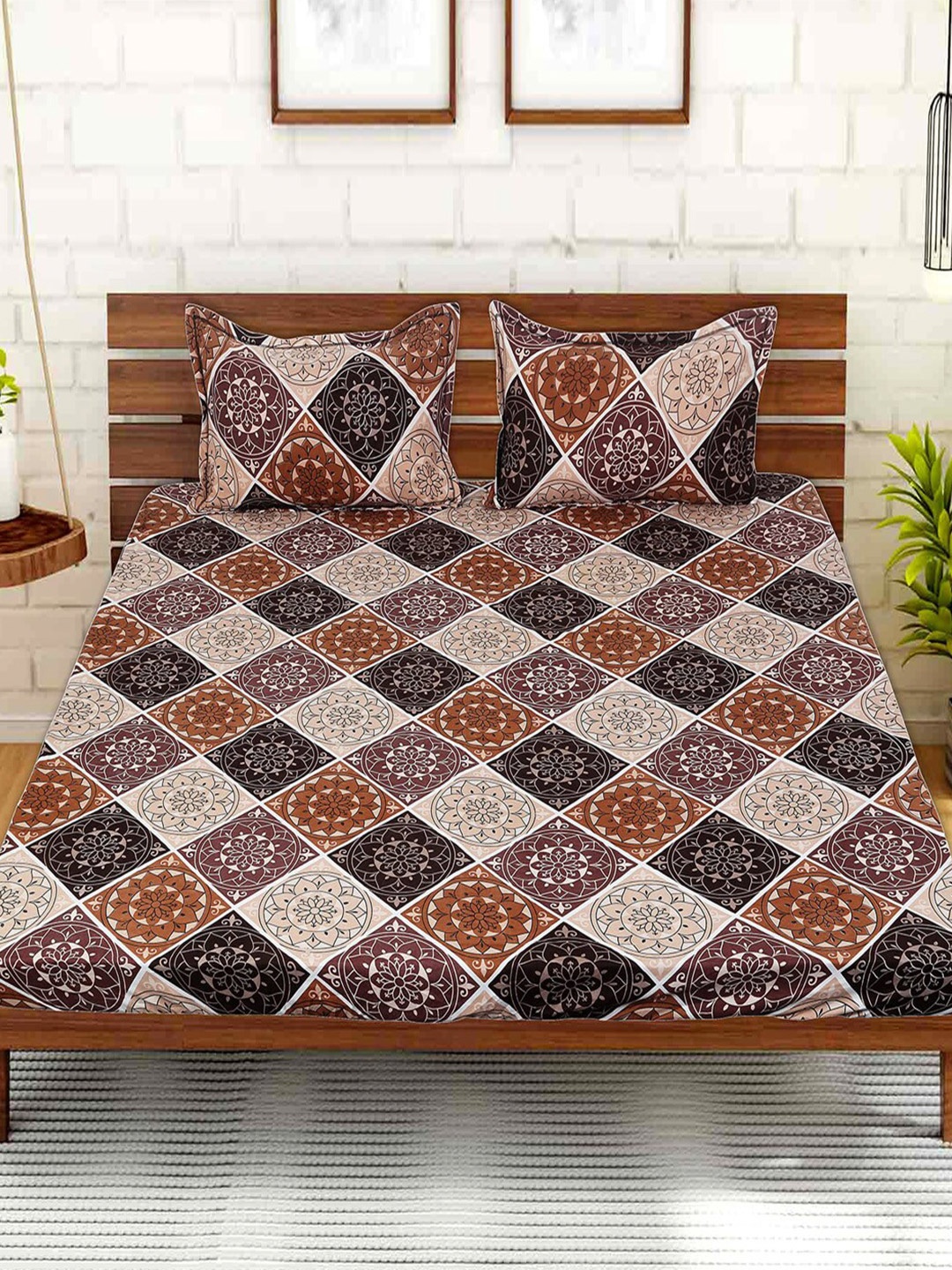 

Kuber Industries Brown Ethnic Motifs 144 TC King Bedsheet with 2 Pillow Covers