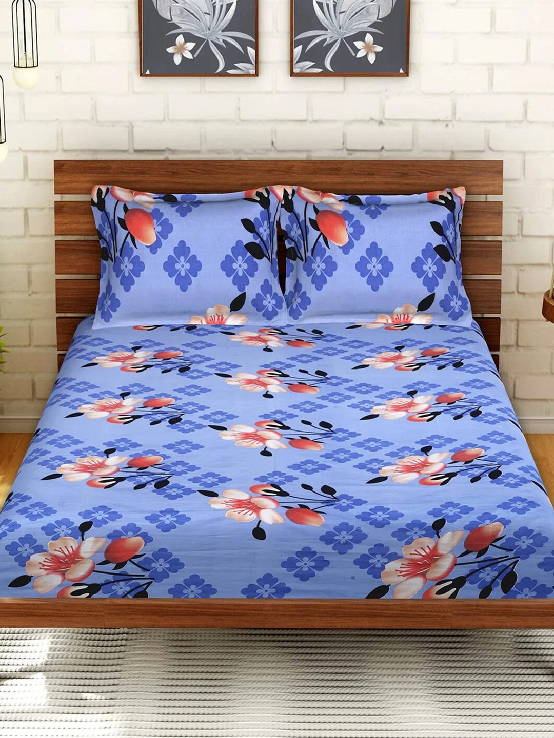 

Kuber Industries Blue Floral 144 TC King Bedsheet with 2 Pillow Covers