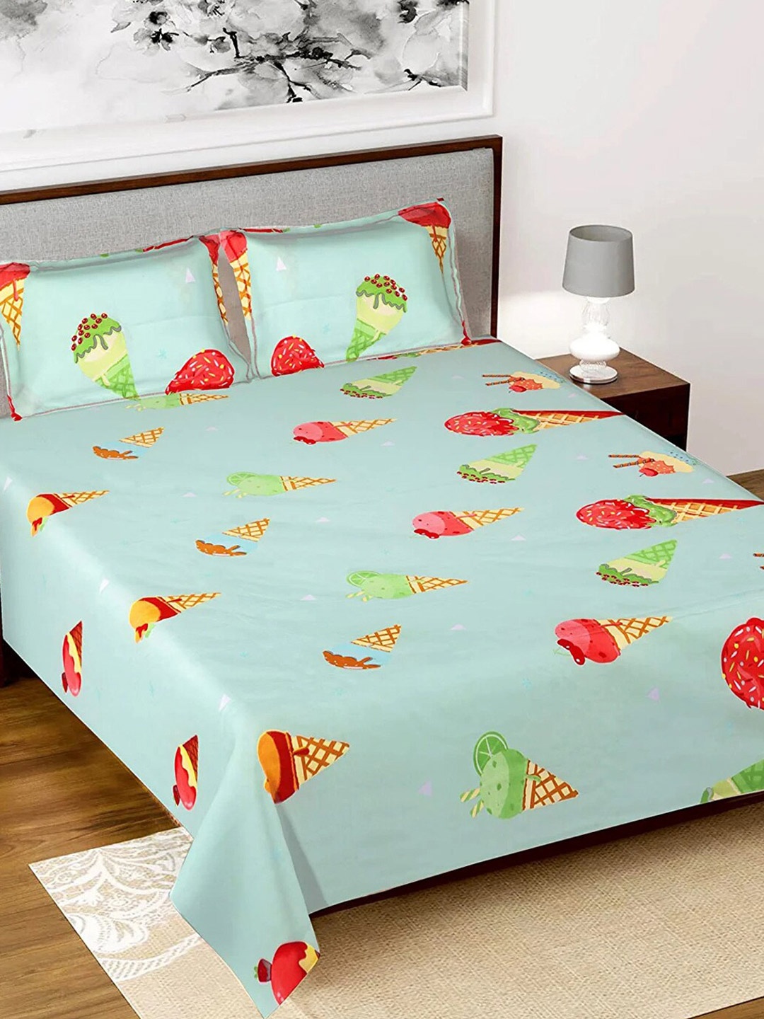 

Kuber Industries Green Conversational 144 TC King Bedsheet with 2 Pillow Covers