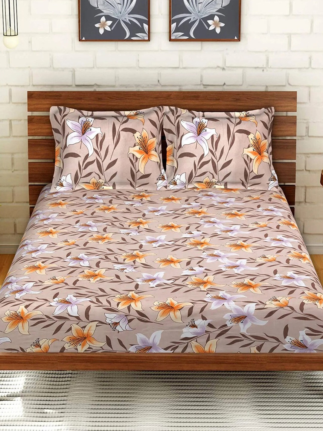 

Kuber Industries Brown & White Floral 144 TC King Bedsheet with 2 Pillow Covers