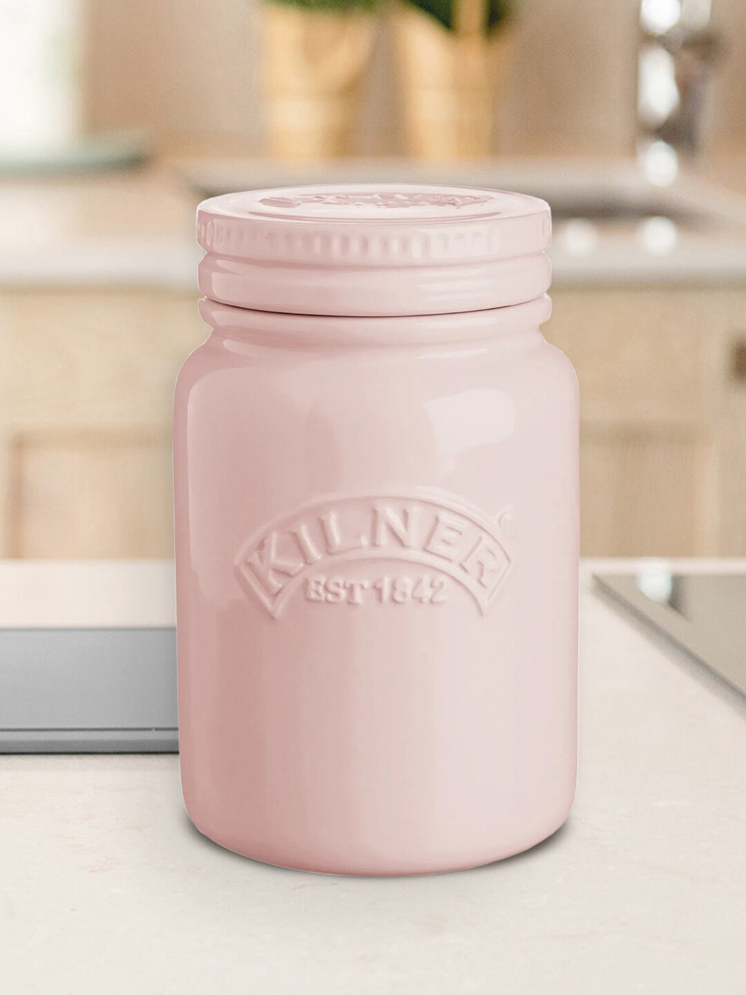 

KILNER Pink Brand Logo Printed Push Top Ceramic Food Container Storage Jar - 600 ml
