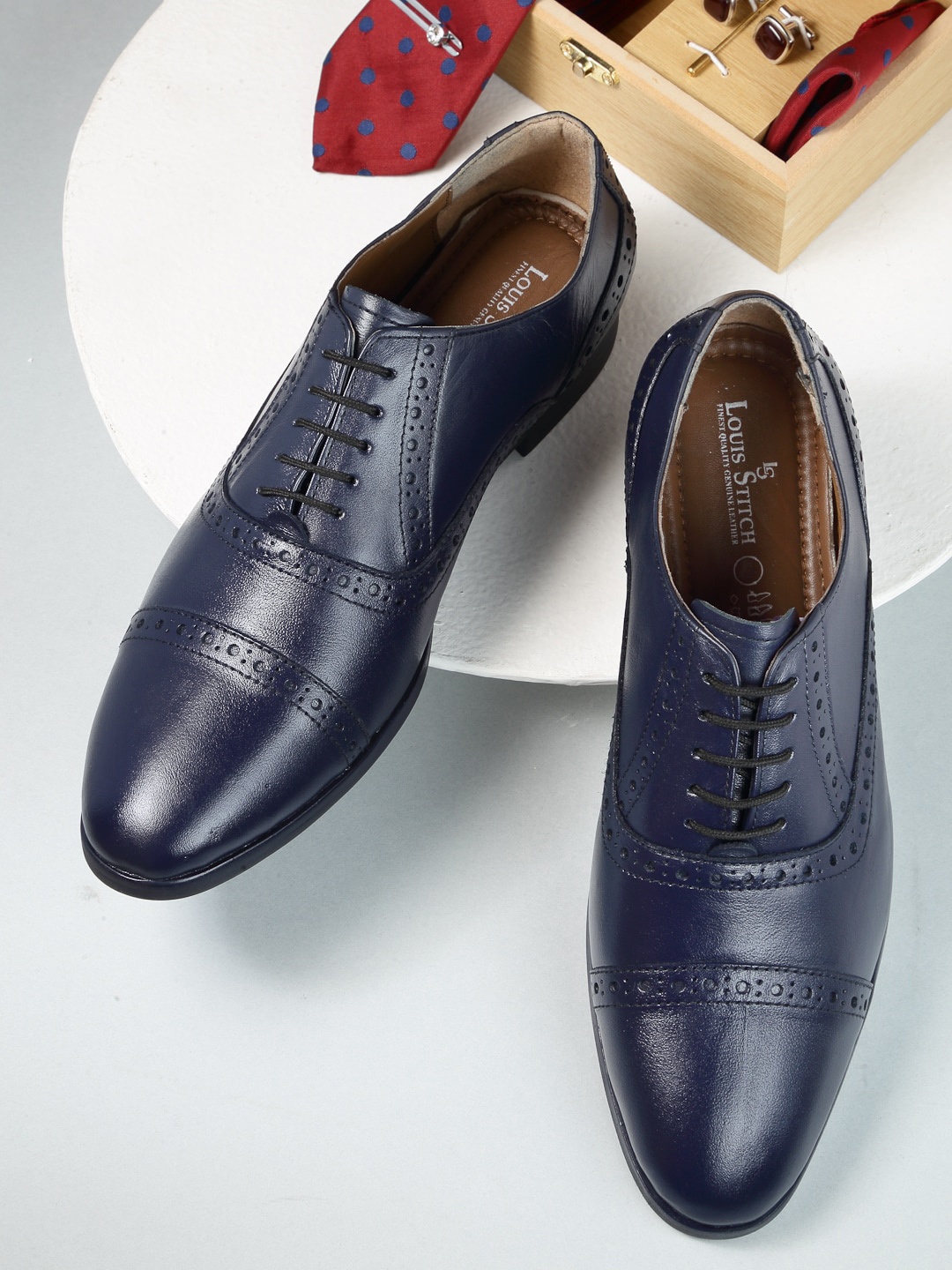 LOUIS STITCH Men Textured Genuine Leather Formal Oxfords, Navy blue