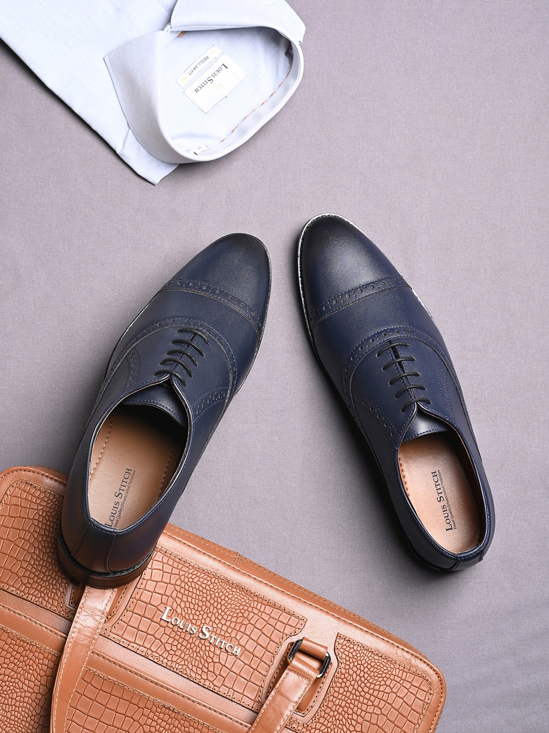 

LOUIS STITCH Men Textured Genuine Leather Formal Oxfords, Navy blue