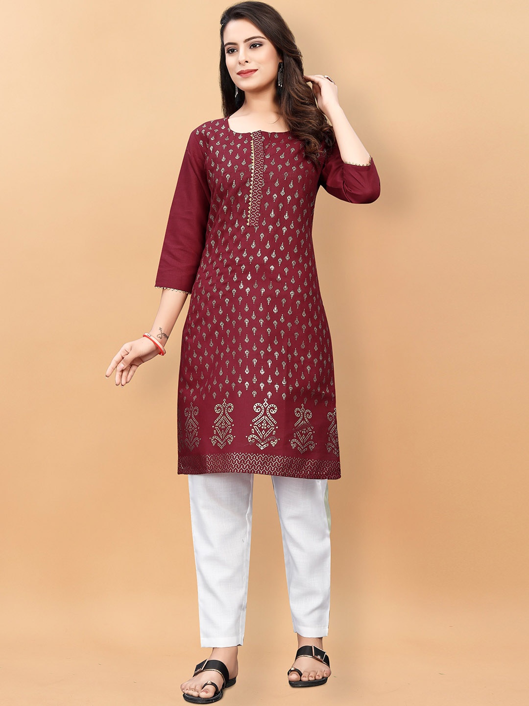 

KALINI Ethnic Motifs Printed Pure Cotton Kurta with Trousers, Maroon