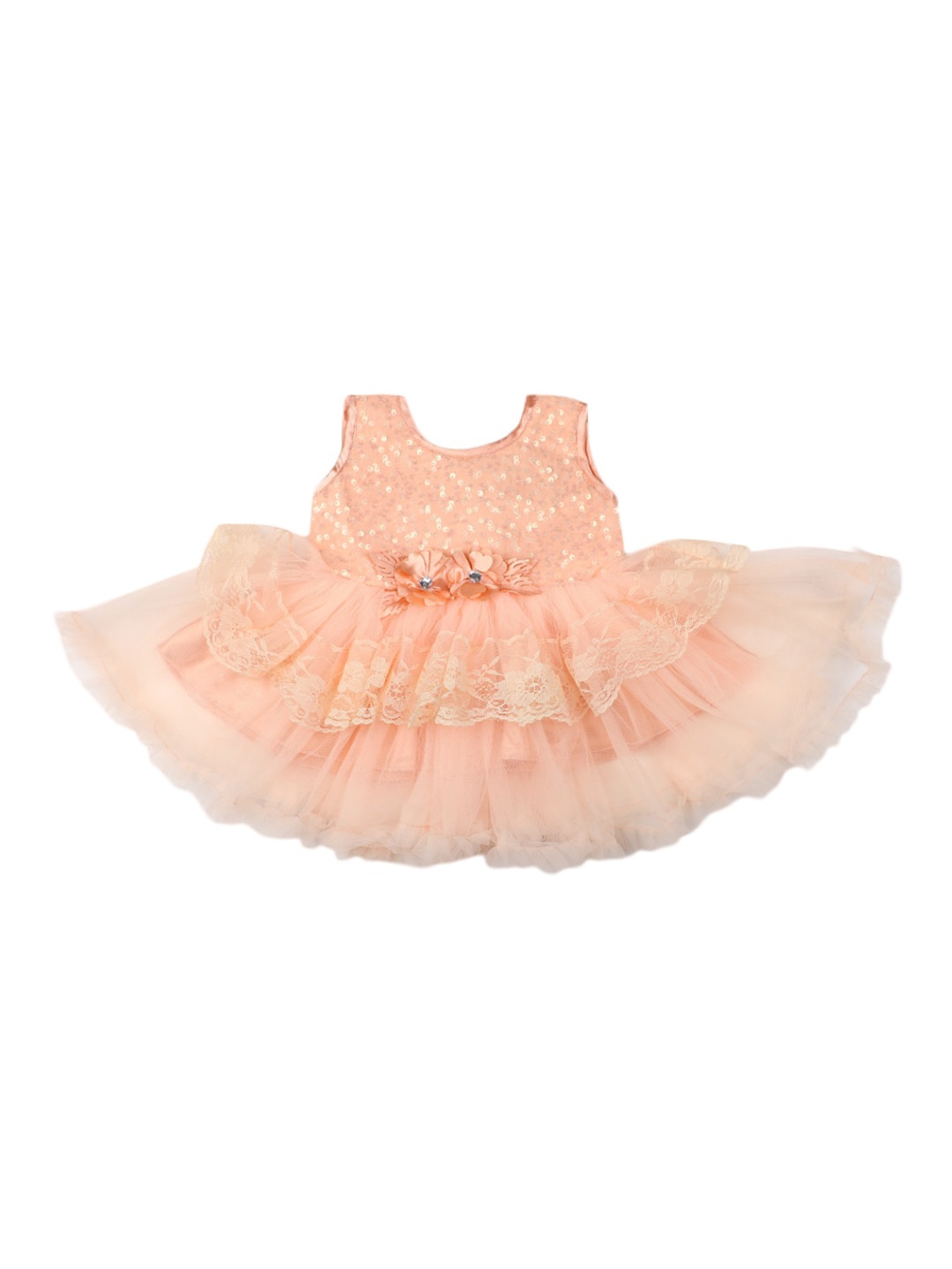 

V-Mart Infant Girls Round Neck Sequined Self Design Fit & Flare Dress, Peach