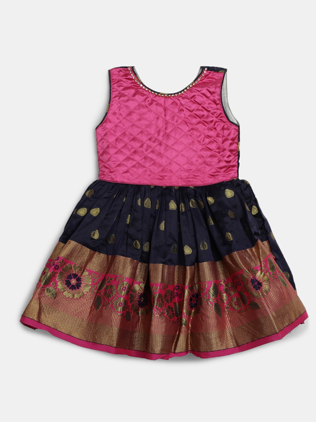 

V-Mart Infant Girls Round Neck Floral Woven Design Cotton Fit & Flare Dress, Navy blue