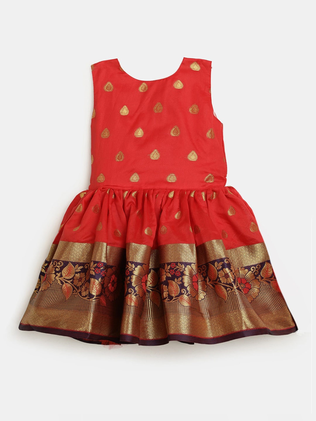 

V-Mart Infant Girls Round Neck Floral Woven Design Cotton Fit & Flare Dress, Red