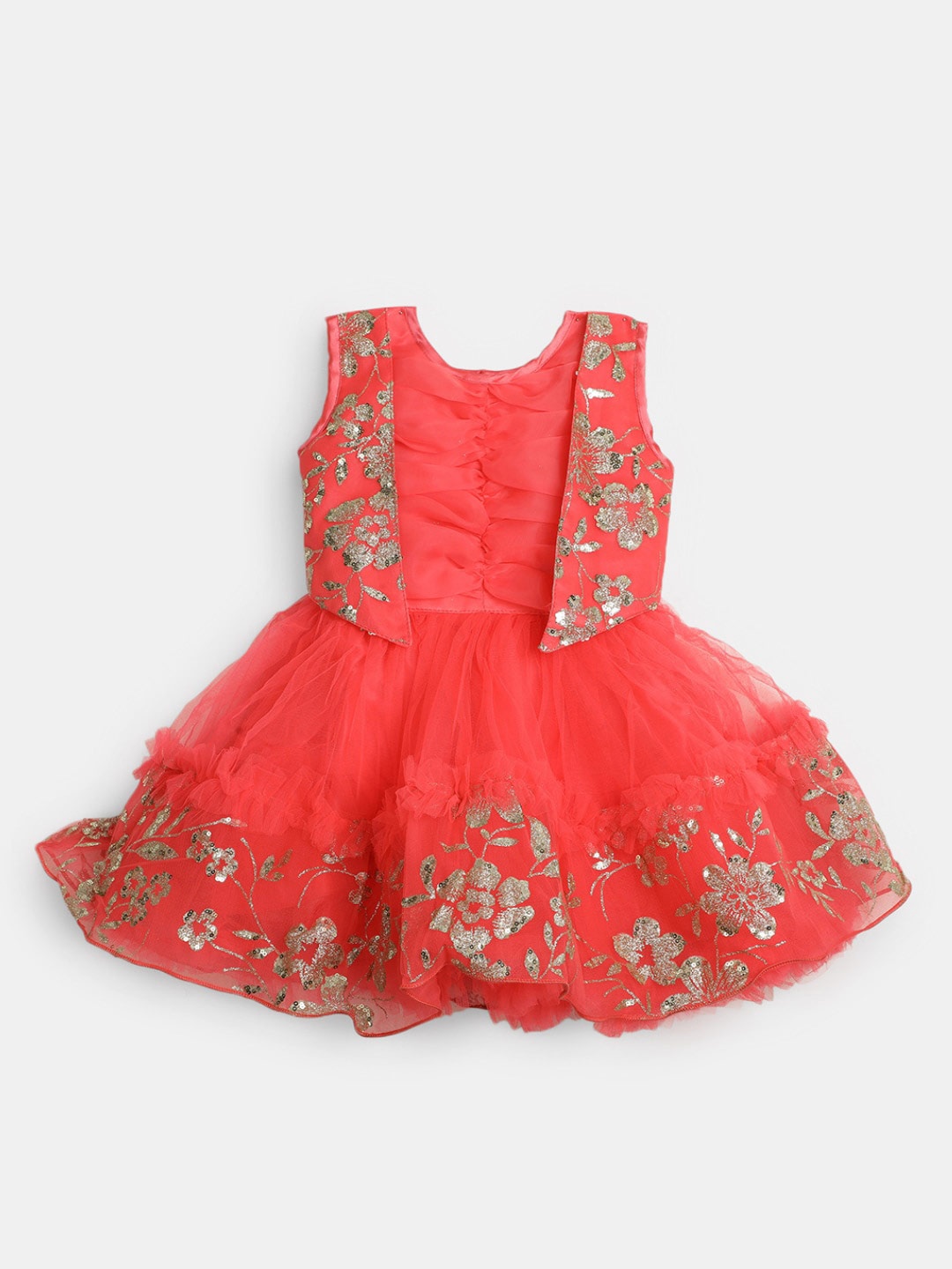 

V-Mart Infant Girls Round Neck Sequined Ruched Cotton Fit & Flare Dress, Red