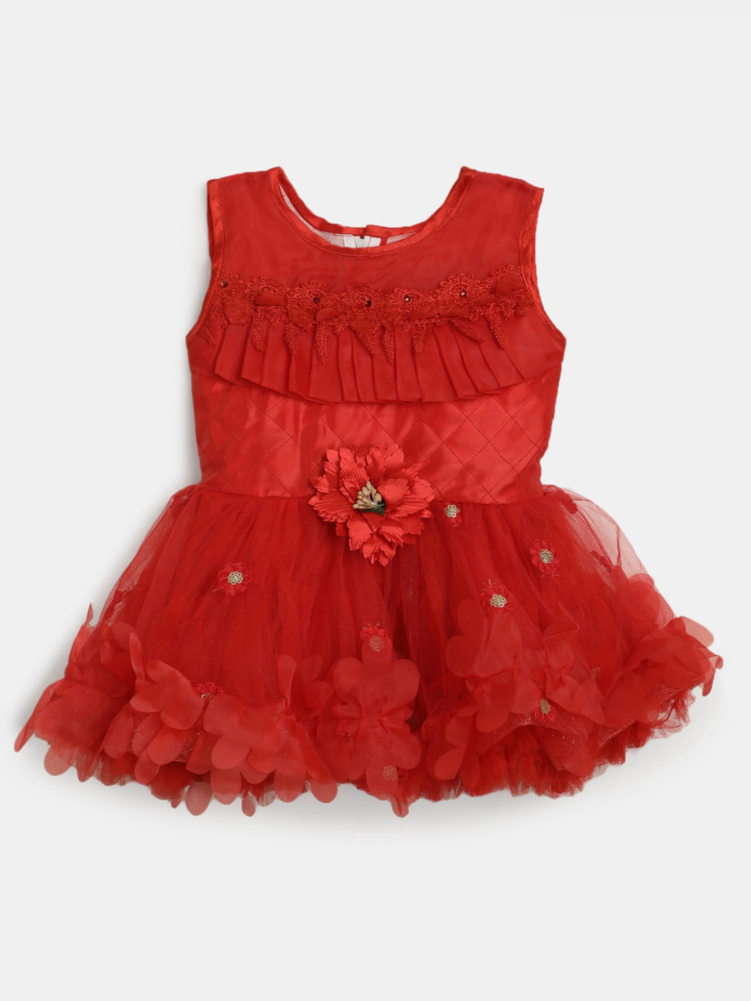 

V-Mart Infant Girls Round Neck Squined Self Design Fit & Flare Dress, Red
