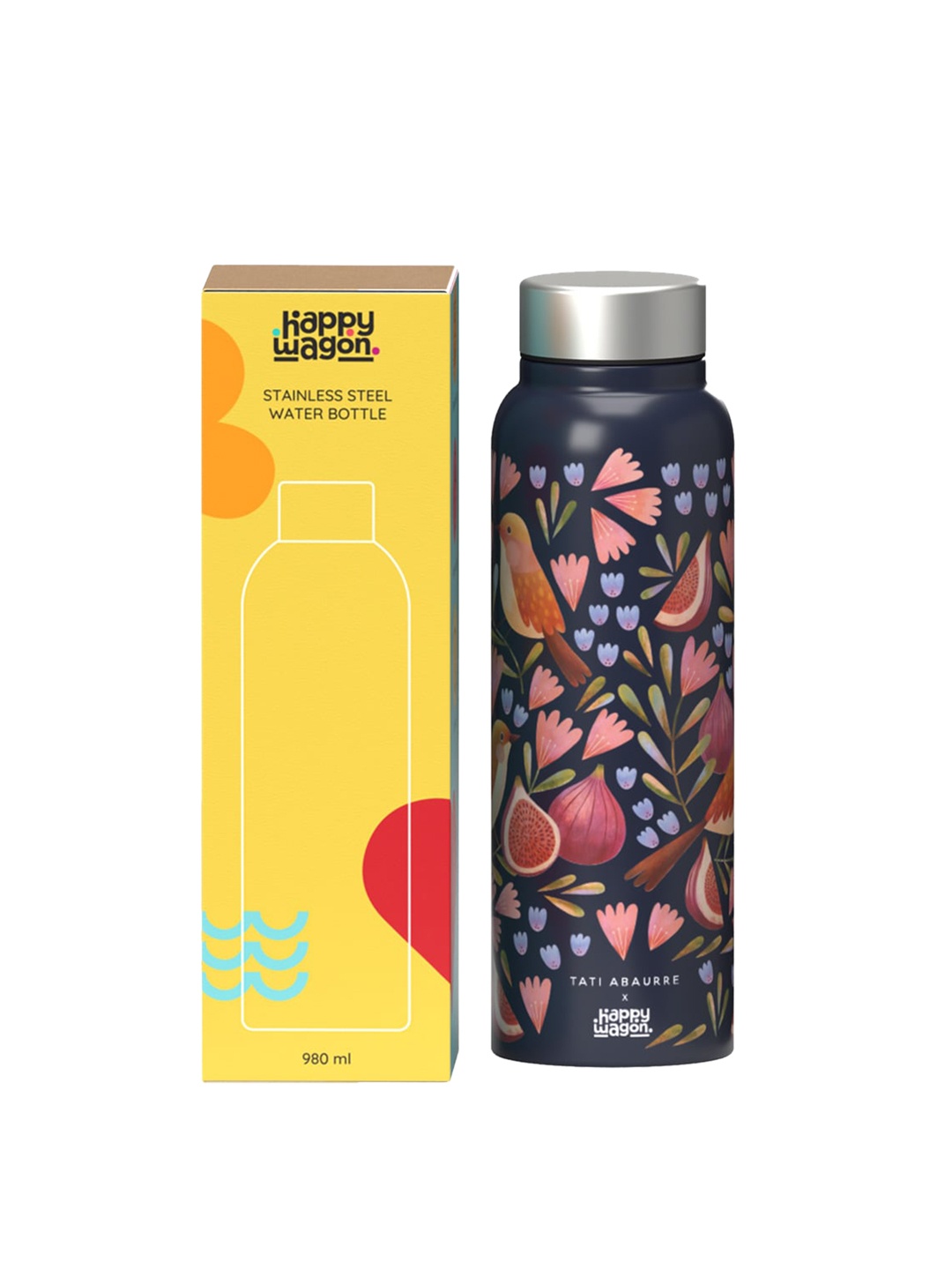 

happywagon Black & Peach Printed Stainless Steel Bird Bloom Water Bottle 980 ml